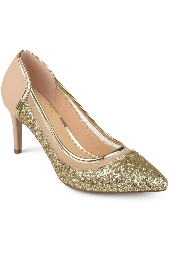 JOURNEE COLLECTION Womens Gold Mesh Glitter Padded Kalani Pointed Toe Stiletto Slip On Pumps 8 M