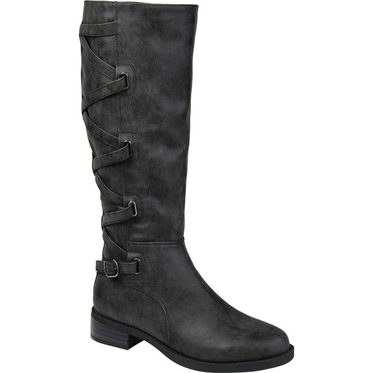 JOURNEE COLLECTION Womens Gray Padded Stretch Gore Buckle Accent Extra Wide  Calf Carly Almond Toe Block Heel Zip-Up Riding Boot 7 XWC