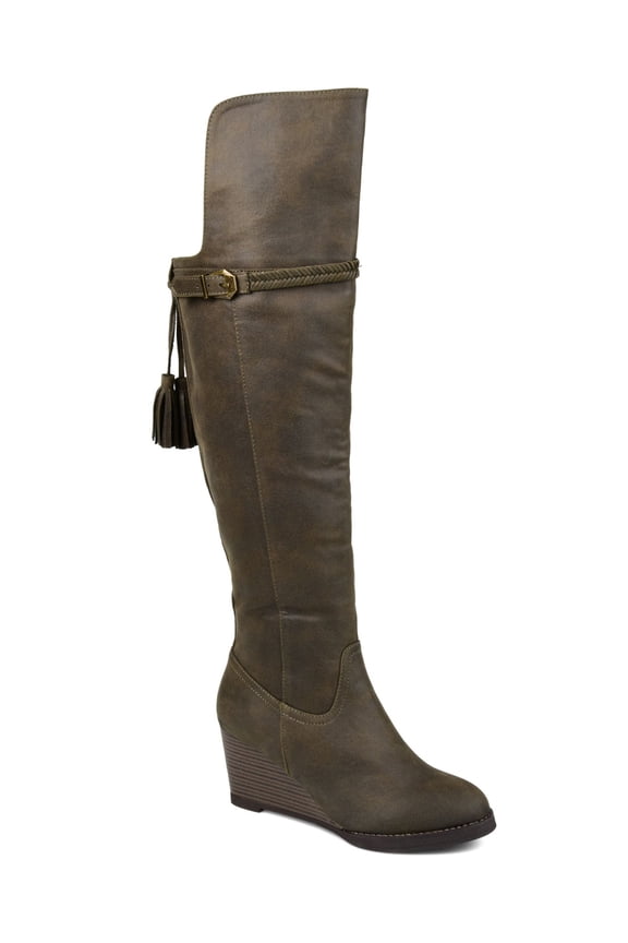 COLLECTION Womens Green Tassel Braided Buckle Accent Jezebel Almond Toe Wedge Zip-Up Riding Boot 8