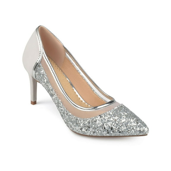 JOURNEE COLLECTION Womens Silver Mesh Glitter Padded Kalani Pointed Toe Stiletto Slip On Pumps 7.5 M