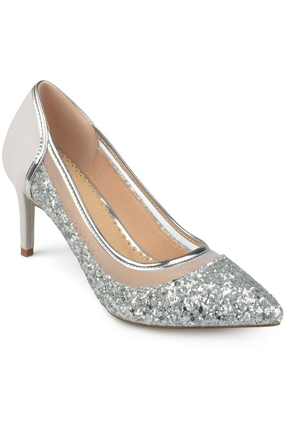 JOURNEE COLLECTION Womens Silver Mesh Glitter Padded Kalani Pointed Toe Stiletto Slip On Pumps 8