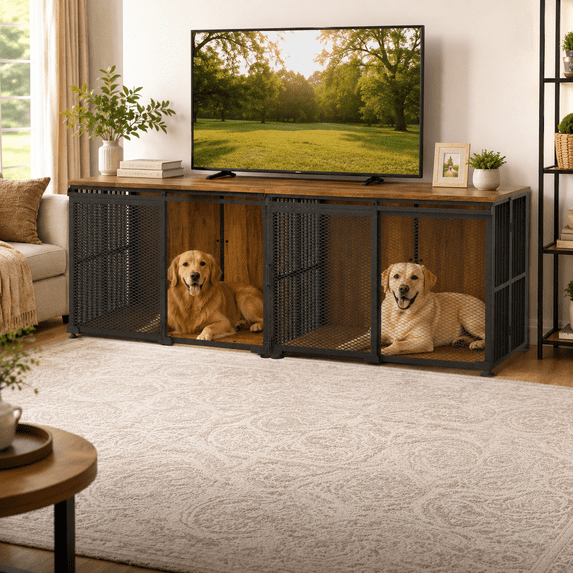 JOURNEWARD 84 Inch Large Double Dog Crate Furniture for 2 Dogs, 30s Tool-Free Assembly, Dual Sliding Barn Doors, 260 LBS Top