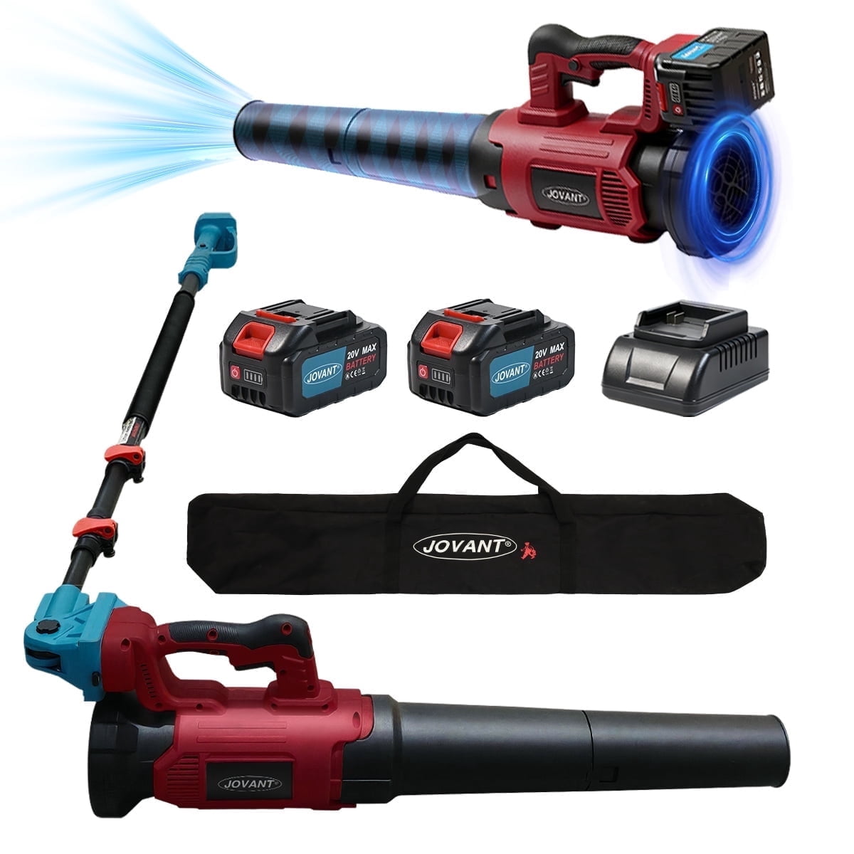The JOVANT 2-in-1 cordless pole leaf blower extends up to 15.3 feet, with an airflow of 615 CFM and 6 speed settings. It includes two 4.0Ah batteries and a charger. Suitable for clearing leaves, roof