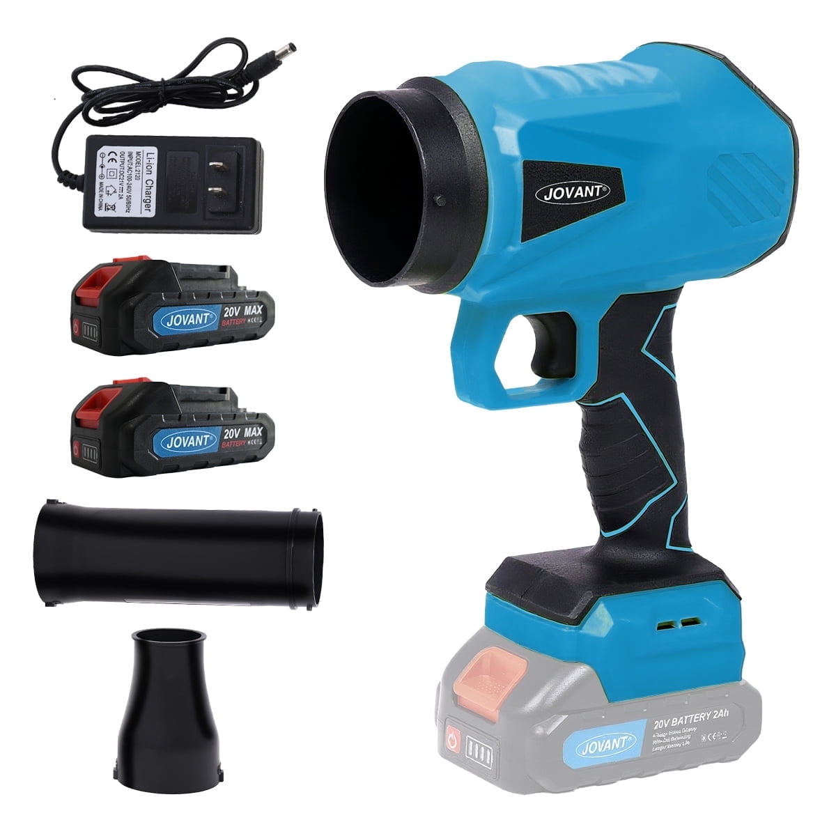 JOVANT Compact Cordless Leaf Blower - Includes 2 Batteries and Charger. Infinitely adjustable speed with up to 450 CFM airflow. Lightweight design ideal for indoor cleaning and porch maintenance.