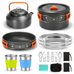 JOVELL Camping Mess Kit Cookware Set 16-Piece, Portable Backpacking Cookware, Lightweight Aluminum Pots and Pans Set for Hiking Picnic Outdoor Cooking, Orange