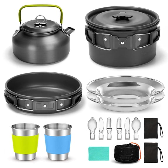JOVELL Camping Mess Kit Cookware Set 16-Piece, Portable Backpacking Cookware, Lightweight Aluminum Pots and Pans Set for Hiking Picnic Outdoor Cooking, Black