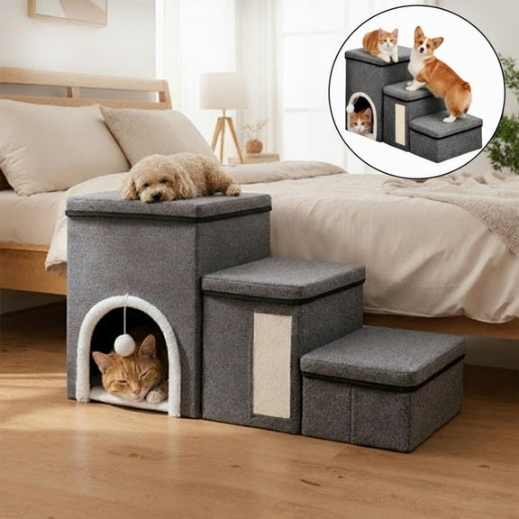 JOVELL Dog Stairs, 3-Step Pet Stairs for Small Medium Dogs, 17" Foldable Pet Steps with Storage, Dog Ramp for Bed Couch