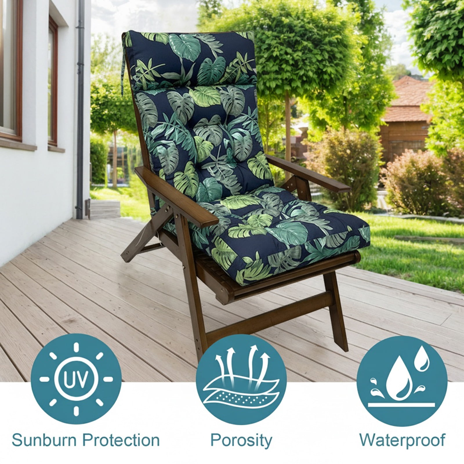 JOVELL 4-Inch Thick Adirondack Chair Cushions 1Pack, 49"x21" Waterproof High Back Rocking Chair Pads with Ties, Outdoor Patio Furniture Seat Cushion, Green Leaves