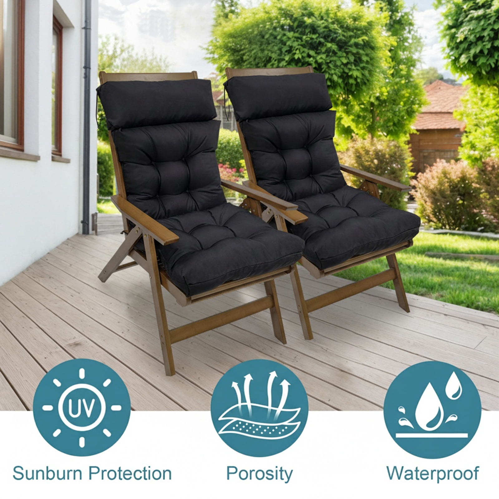 JOVELL 4-Inch Thick Adirondack Chair Cushions 2Pack, 49"x21" Waterproof High Back Rocking Chair Pads with Ties, Outdoor Patio Furniture Seat Cushion, Black