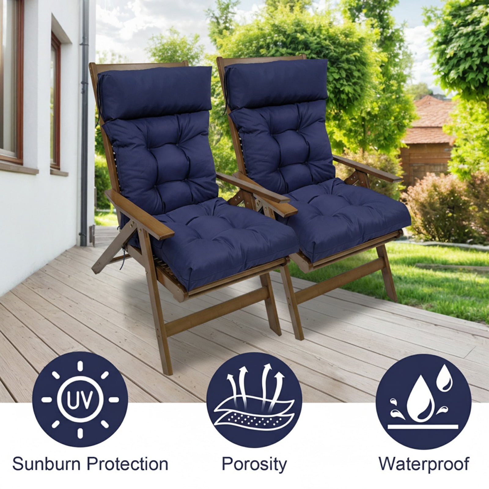 JOVELL 4-Inch Thick Adirondack Chair Cushions 2Pack, 49"x21" Waterproof High Back Rocking Chair Pads with Ties, Outdoor Patio Furniture Seat Cushion, Navy
