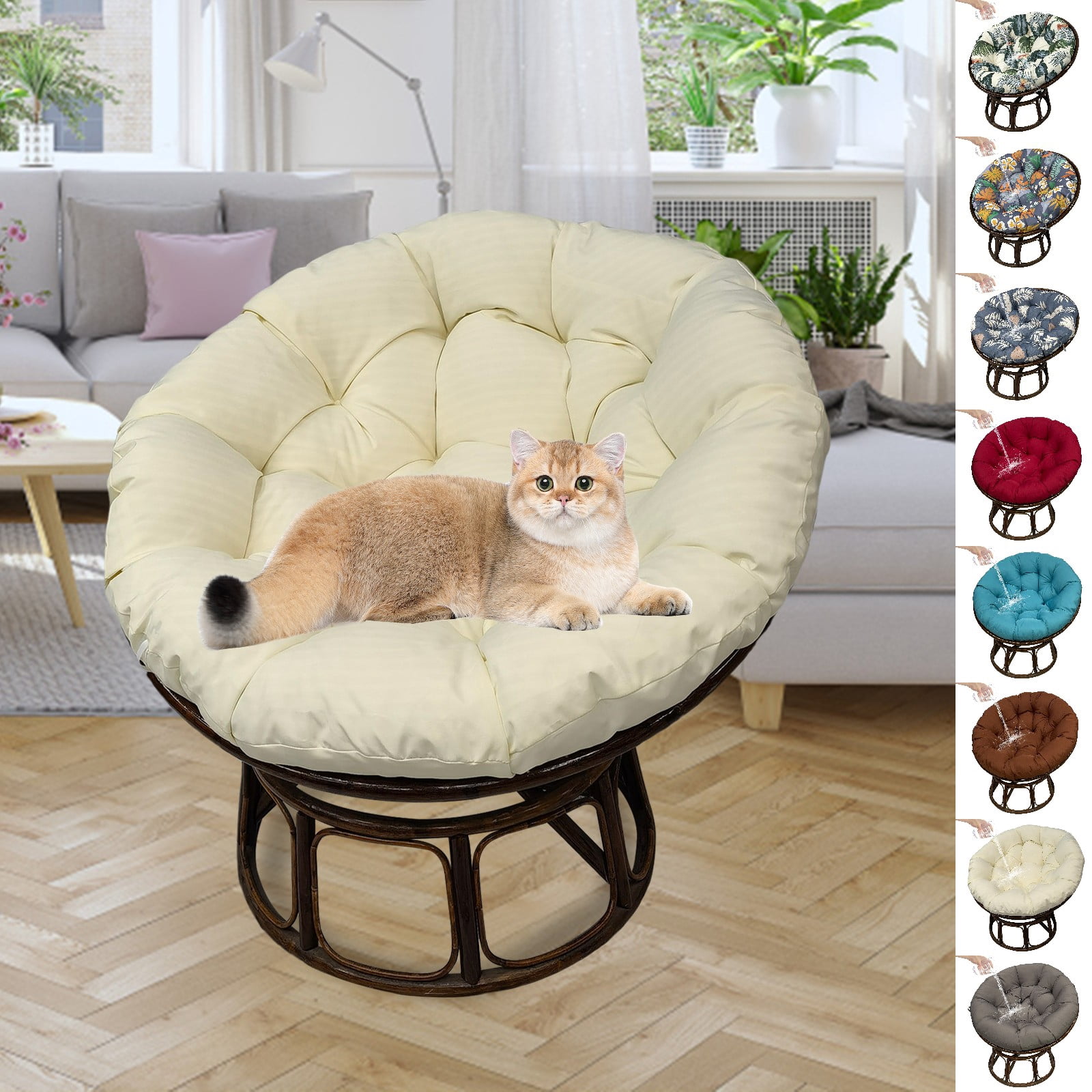 JOVELL 48 Inch Papasan Cushion Replacement, 5" Thick Waterproof Round Chair Pad, Fade & UV Resistant Indoor Outdoor Patio Seat Cushion, Beige