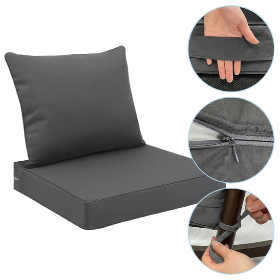 JOVELL All-Weather Outdoor Chair Cushions Set of 2, 19"×19"×4" Thick High-Density Memory Foam Deep Seat Cushion, Waterproof & Fade Resistant Patio Furniture Cushions, Gray, 1Pack