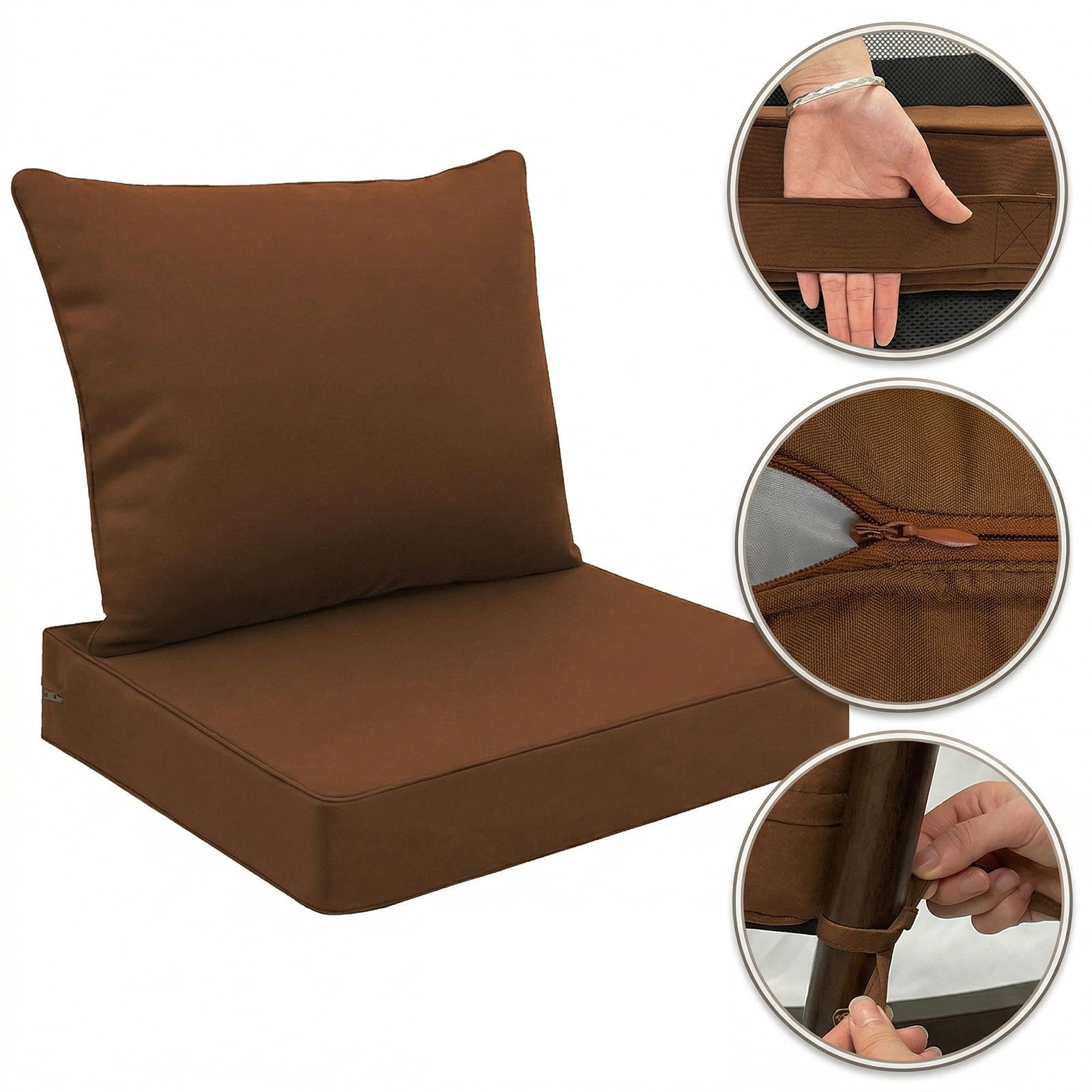 JOVELL All-Weather Outdoor Chair Cushions Set of 2, 19"×19"×4" Thick High-Density Memory Foam Deep Seat Cushion, Waterproof & Fade Resistant Patio Furniture Cushions, Brown, 1Pack