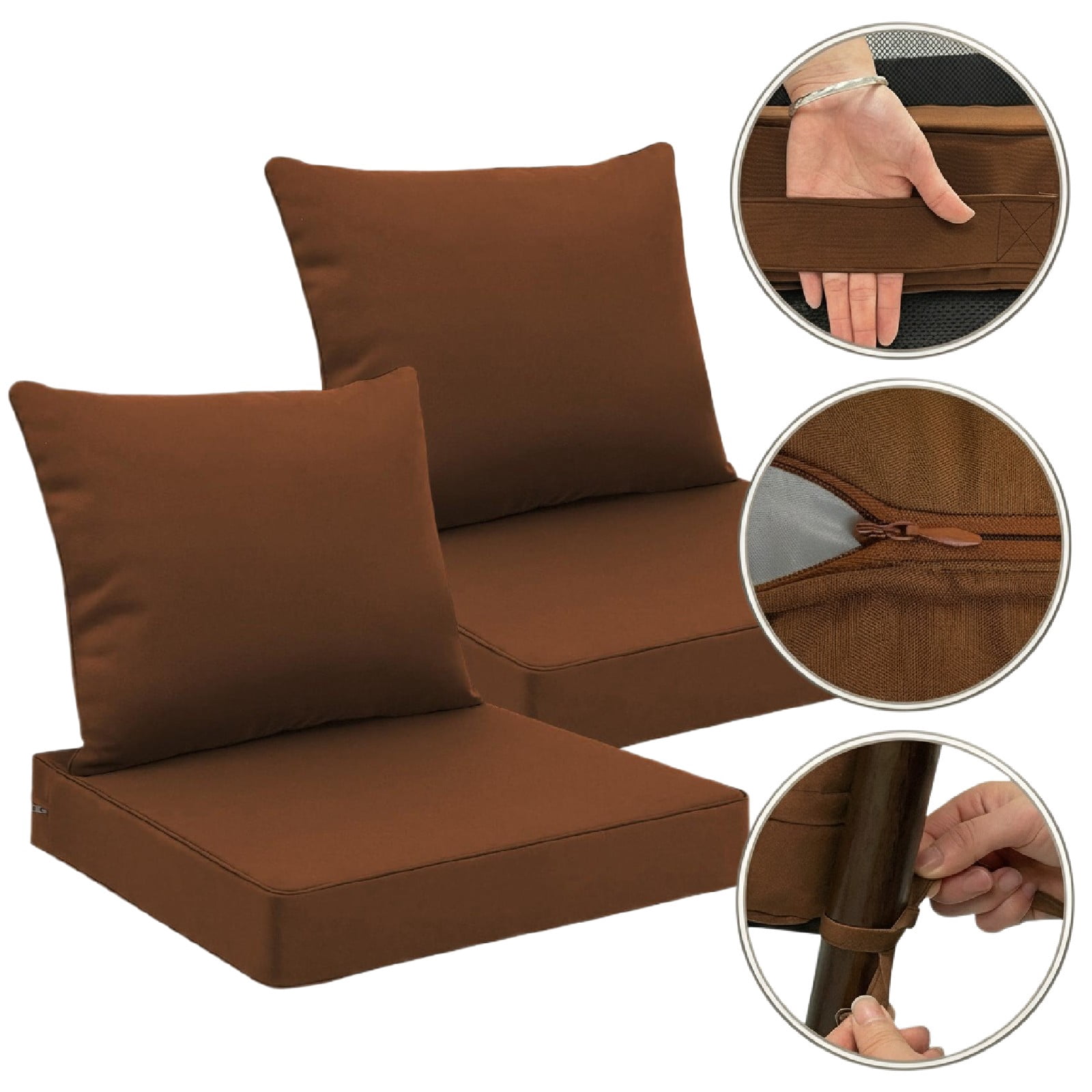 JOVELL All-Weather Outdoor Chair Cushions Set of 2, 19"×19"×4" Thick High-Density Memory Foam Deep Seat Cushion, Waterproof & Fade Resistant Patio Furniture Cushions, Brown, 2Pack