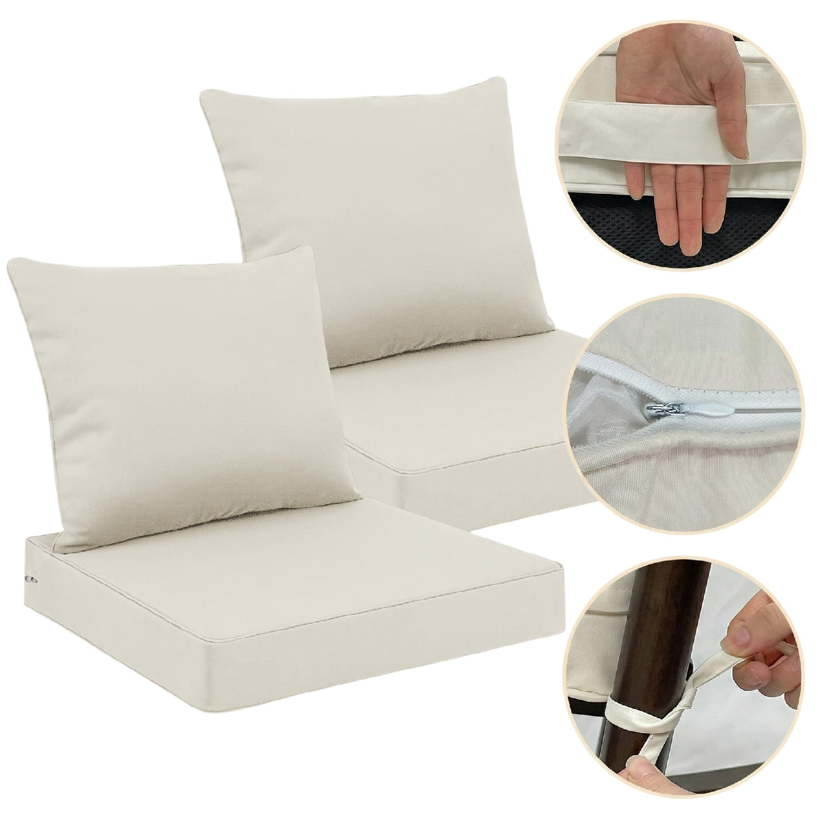 JOVELL All-Weather Outdoor Chair Cushions Set of 2, 22"×22"×4" Thick High-Density Memory Foam Deep Seat Cushion, Waterproof & Fade Resistant Patio Furniture Cushions, Beige, 2Pack