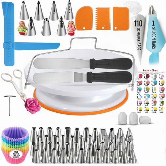JOVELL Cake Decorating Supplies Kit with Turntable, 200Pcs Baking Set, Cupcake Decorating Tools with Piping Bags, Nozzles, Icing Spatula & Scraper
