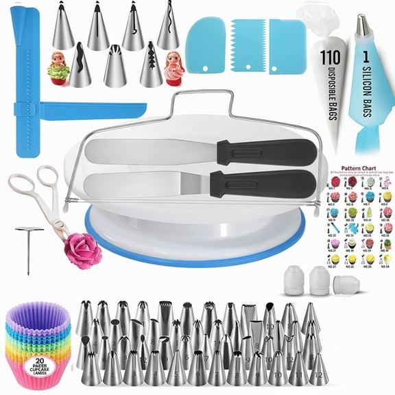 JOVELL Cake Decorating Supplies Kit with Turntable, 200Pcs Baking Set, Cupcake Decorating Tools with Piping Bags, Nozzles, Icing Spatula & Scraper