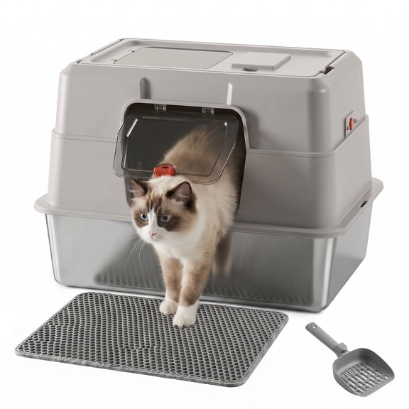 JOVELL Cat Litter Box with Lid, 304 Stainless Steel Large Metal Enclosed Kitty Tray, Non-Stick Front & Top Entry Litter Box for Cat, Gray