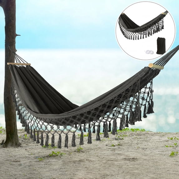 JOVELL Double Hammock 450lbs Capacity, 40" Wide Brazilian Style Portable Cotton Rope Hammock with Fringe, 2 Person Hammock for Outdoor, Backyard, Patio, Camping, Black