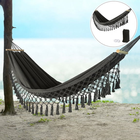 JOVELL Double Hammock 450lbs Capacity, 40" Wide Brazilian Style Portable Cotton Rope Hammock with Fringe, 2 Person Hammock for Outdoor, Backyard, Patio, Camping, Black