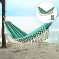 thumbnail image 1 of JOVELL Double Hammock 450lbs Capacity, 40" Wide Brazilian Style Portable Cotton Rope Hammock with Fringe, 2 Person Hammock for Outdoor, Backyard, Patio, Camping, Green, 1 of 8