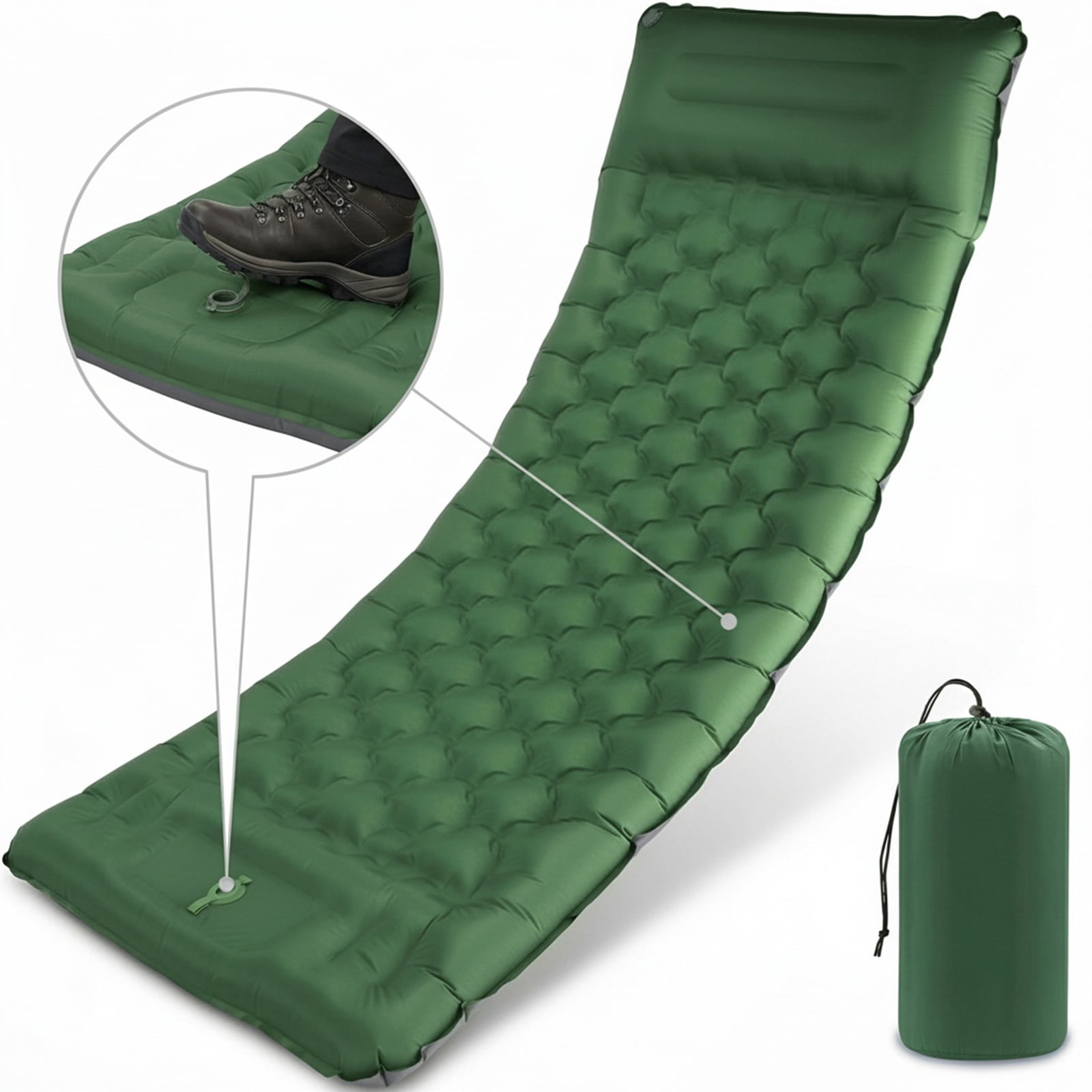 JOVELL Inflatable Sleeping Pad with Built-in Foot Pump & Pillow, 4.7" Thick Waterproof Camping Air Mattress, Self Inflating Sleep Pad for Backpacking, Hiking, Tent, Green