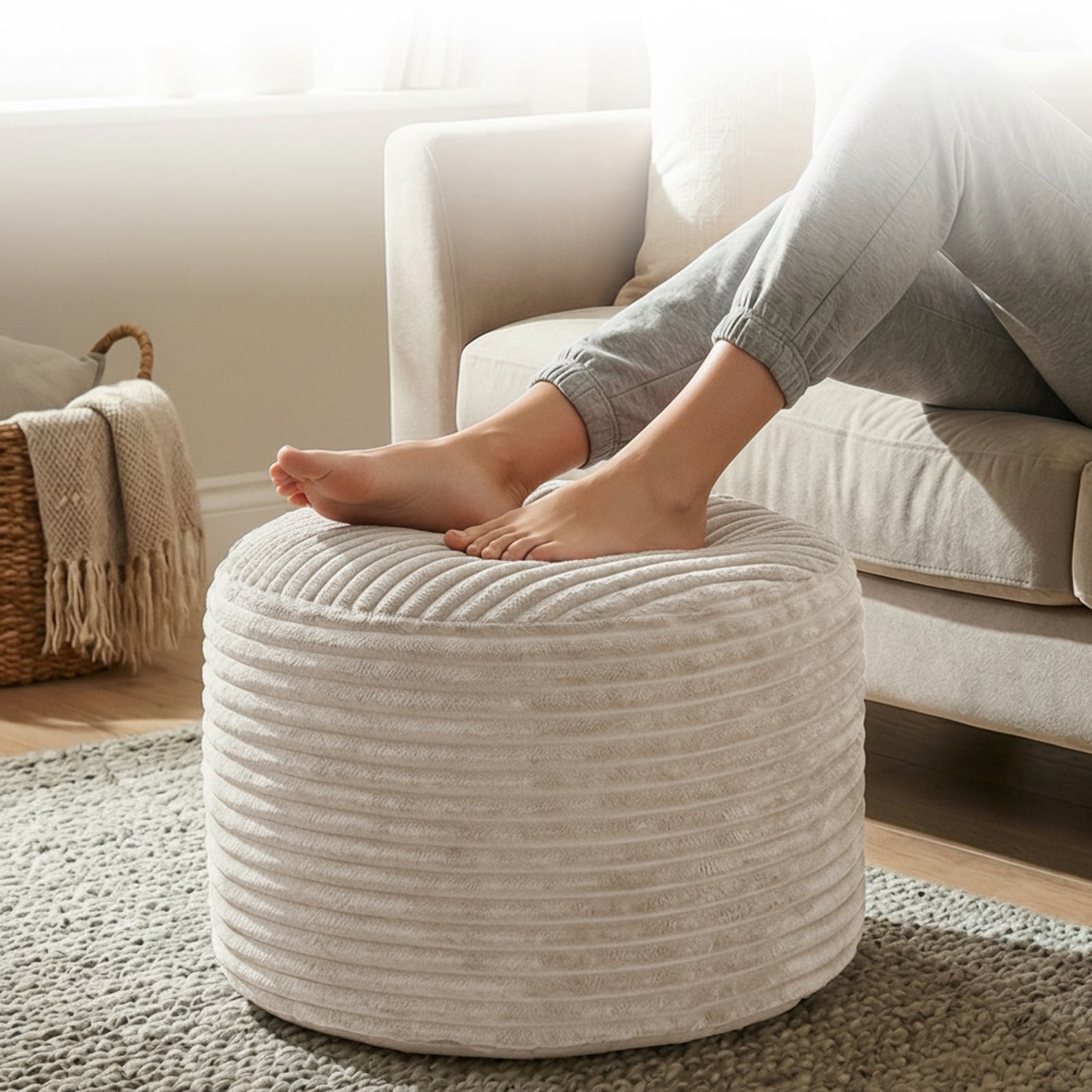 JOVELL Pouf Ottoman Round, High Density Sponge Bean Bag Pouffe Footrest, Faux Furry Plush Foot Rest Stool Floor Pouf for Living Room, Beige
