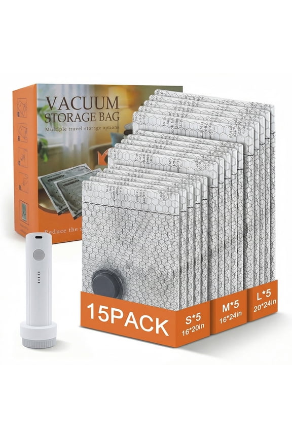 Vacuum Storage Bags for Travel with Rechargeable Air Pump, 15 Pack Compression Packing Bags, Space Saver for Clothes, Luggage & Bedding