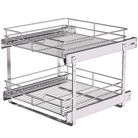 JOWBOOW 17x22 Inch 2-Tier Cabinet Pull Out Shelves, Heavy Duty Slide Out Drawer Organizer for Kitchen Base Cabinets, Easy Install U-Brackets, Independently Sliding Wire Basket Storage, Holds 100 Lbs