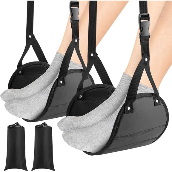 JOWBOOW 2-Pack Airplane Foot Hammock, Adjustable Memory Foam Travel Footrest for Flights, Portable Leg Rest with Storage Bags, Black