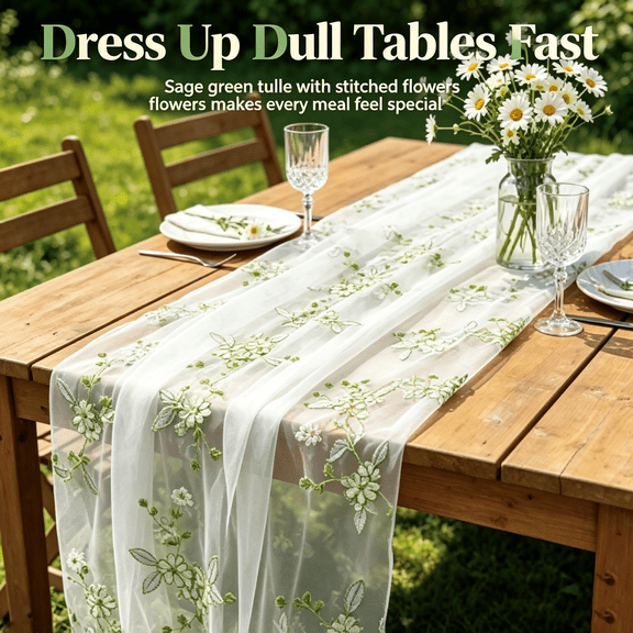 JOWBOOW Floral Sheer Tulle Table Runner 1 Pack Sage Green
