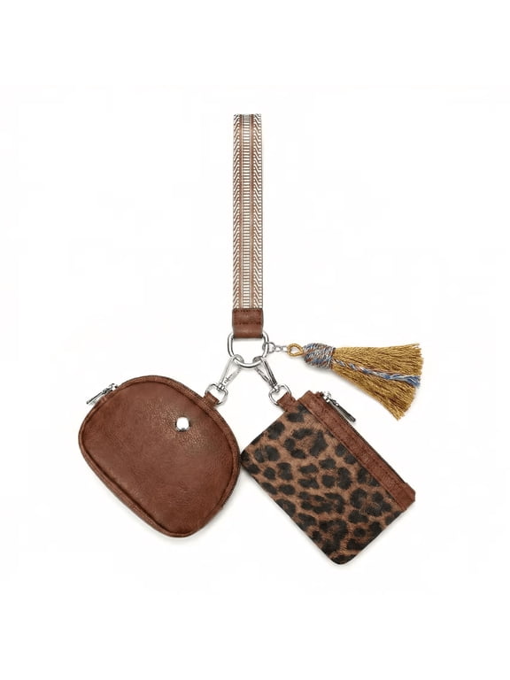 PU Leather Wristlet Keychain Wallet with Tassel, 1 Pack, Leopard
