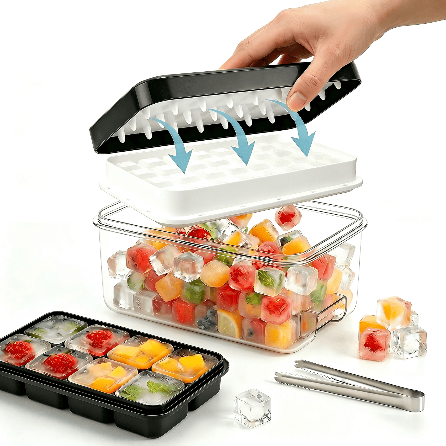 JOWBOOW One-Touch Release Ice Cube Tray with Lid and Bin, Dual-Size ...