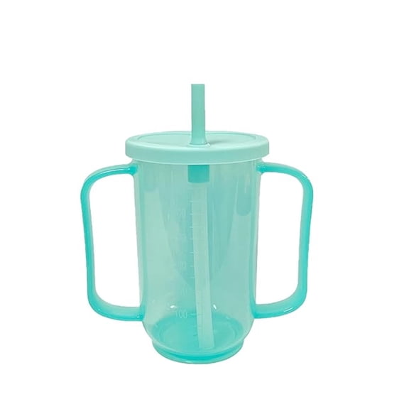 JOWNEEL 1 Pcs Adult Sippy Cups for Elderly, 12 oz Plastic Spill Proof Cups with 2 Handles Straw and Lid for Adults Hospital Disabled