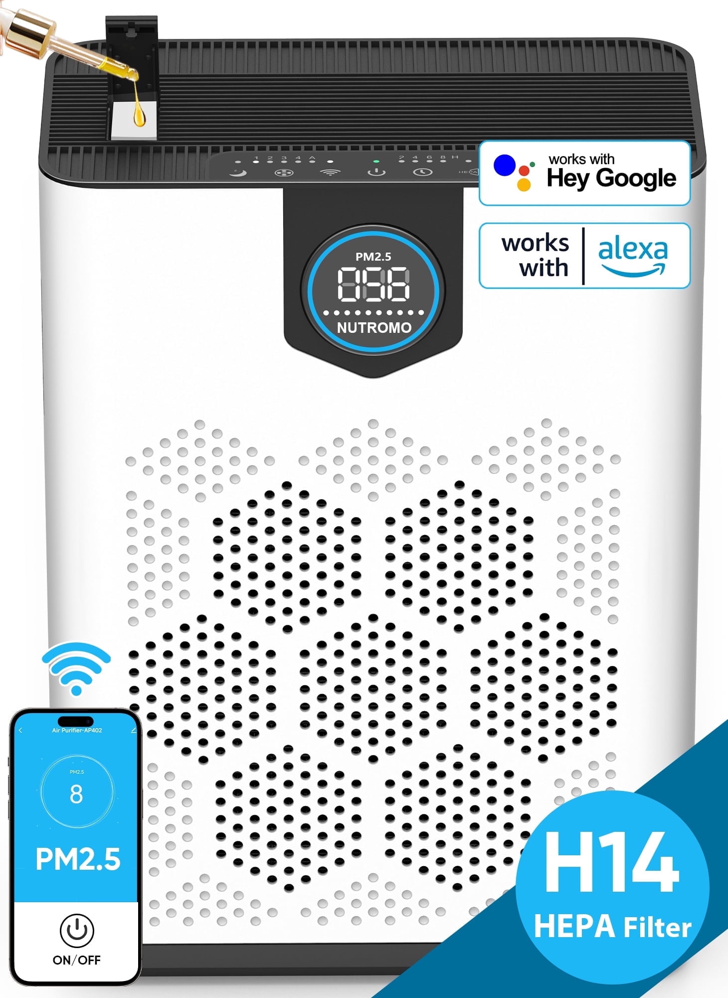 NUTROMO WiFi Smart Air Purifier for Home Large Rooms up to 3000 Sq.Ft., H14 True HEPA, 2 Washable Filters, PM2.5 Display, Alexa & Google Compatible, Removes Allergies, Smoke, Dust & Pet Hair