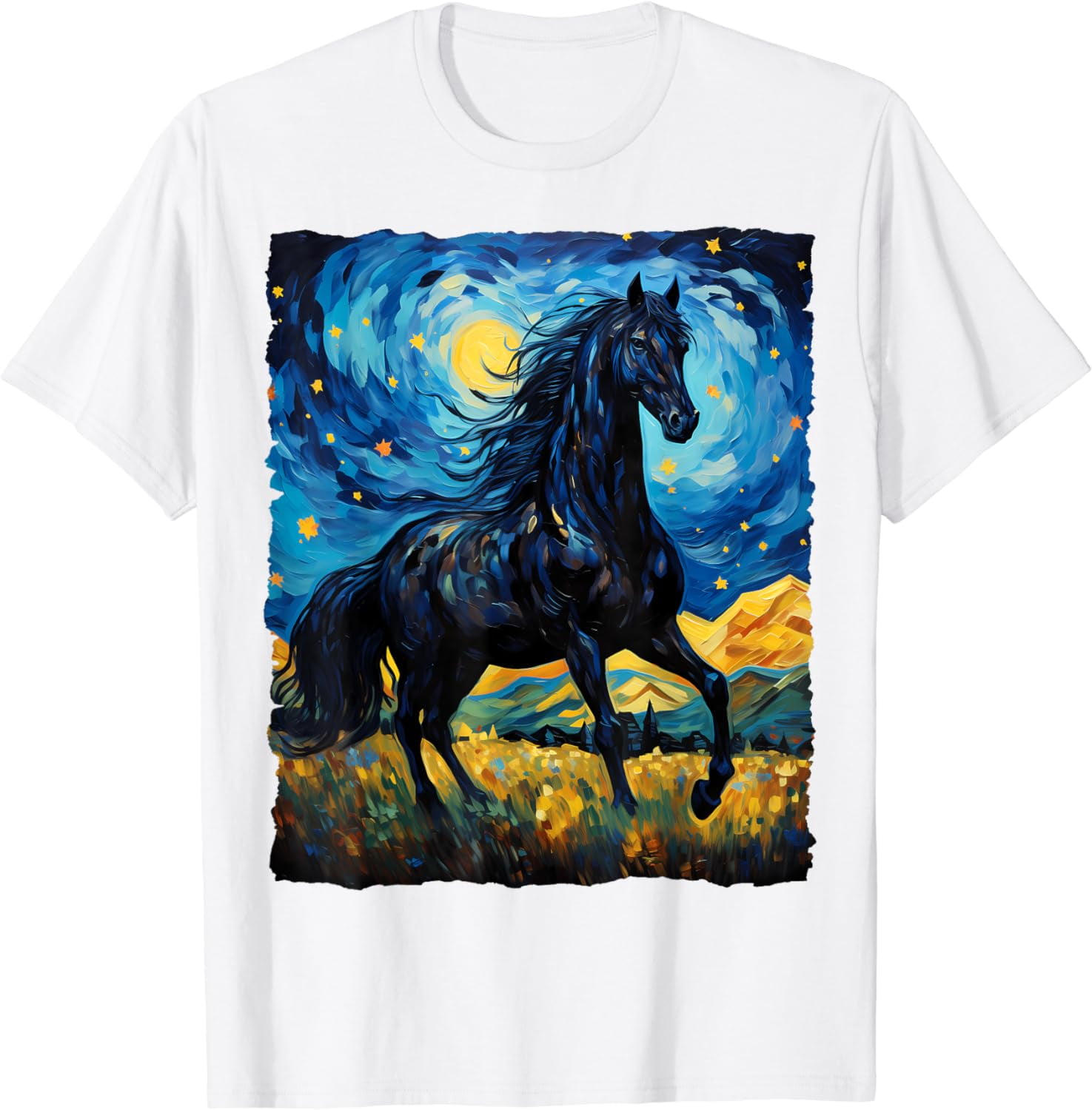 JOY Black Horse Van Gogh Starry Night Painting Wild Animal Lover T
