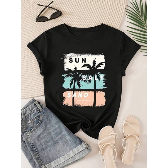 JOY Coconut Tree & Letter Print Casual T-shirt, Crew Neck Short Sleeve Top For Spring & Summer, Women's Clothing