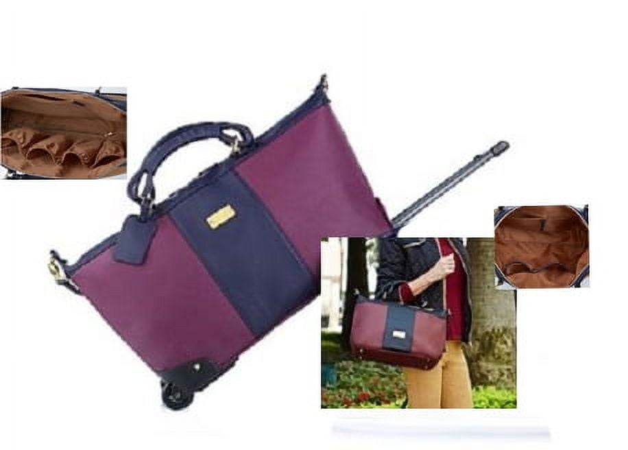 JOY Colorblock Genuine Leather Carry-On Wheeled Duffle and Bag Set - Violet Purple/Classic Navy
