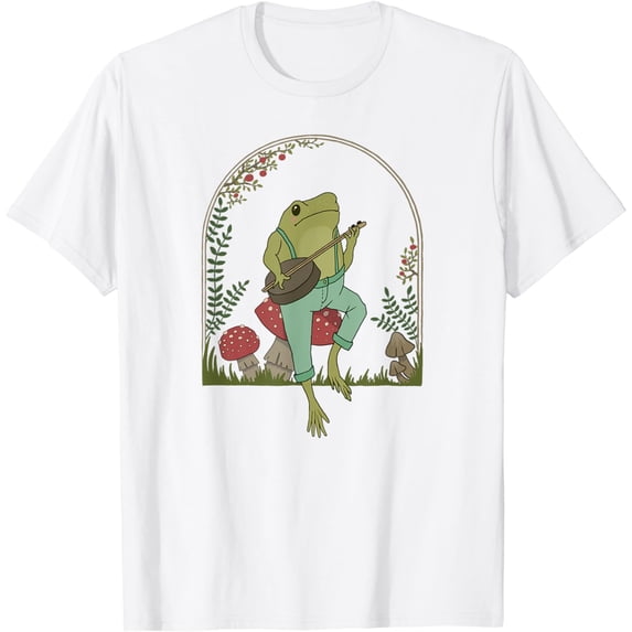 JOY Cottagecore Aesthetic Frog Playing Banjo on Mushroom Cute T-Shirt
