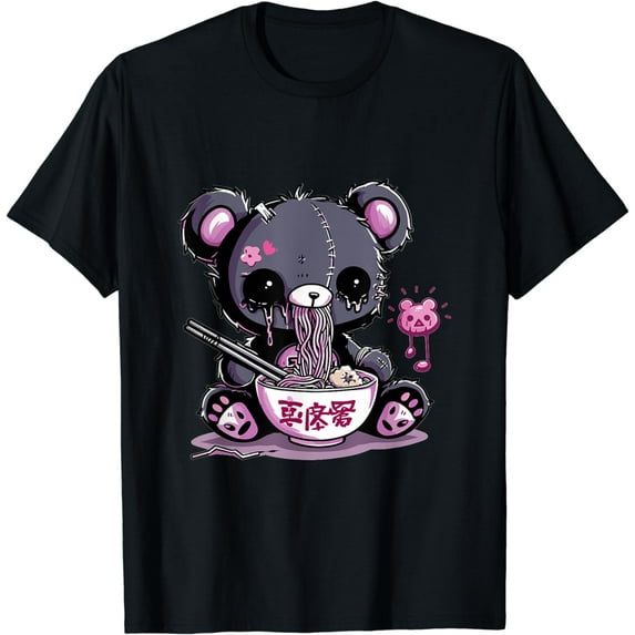 JOY Goth Pastel Cute Creepy Kawaii Teddy Bear eating Ramen T-Shirt