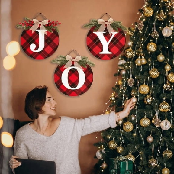 JOY Hanging Sign, Red Buffalo Plaid Door Decor, 3Pcs Wooden JOY Wall Art for Xmas Home Party