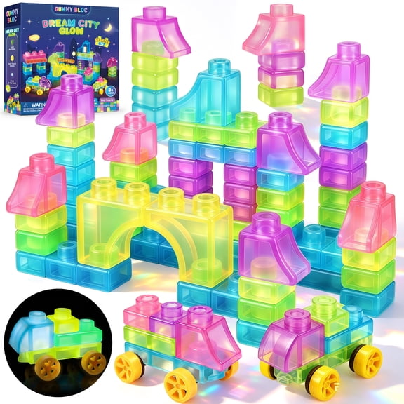 Gummy Bloc 57pcs Soft Glow-in-Dark Building Blocks with Wheels, Montessori Sensory Stacking Learning Squishy Toy for Kids