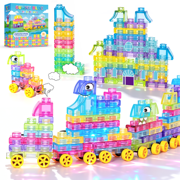 Gummy Bloc Soft Train Building Blocks with Wheels, 42PCS Sensory Stacking Squishy Toys for Toddler, Montessori Learning Toys