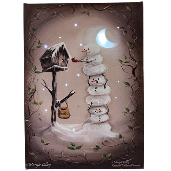 THE JOY TREE LED Christmas Canvas Print Art Light up Twinkling Lights Timer, Snowy Moon Scene Small Wall Hanging Picture Winter Snowman Birdhouse Cardinal