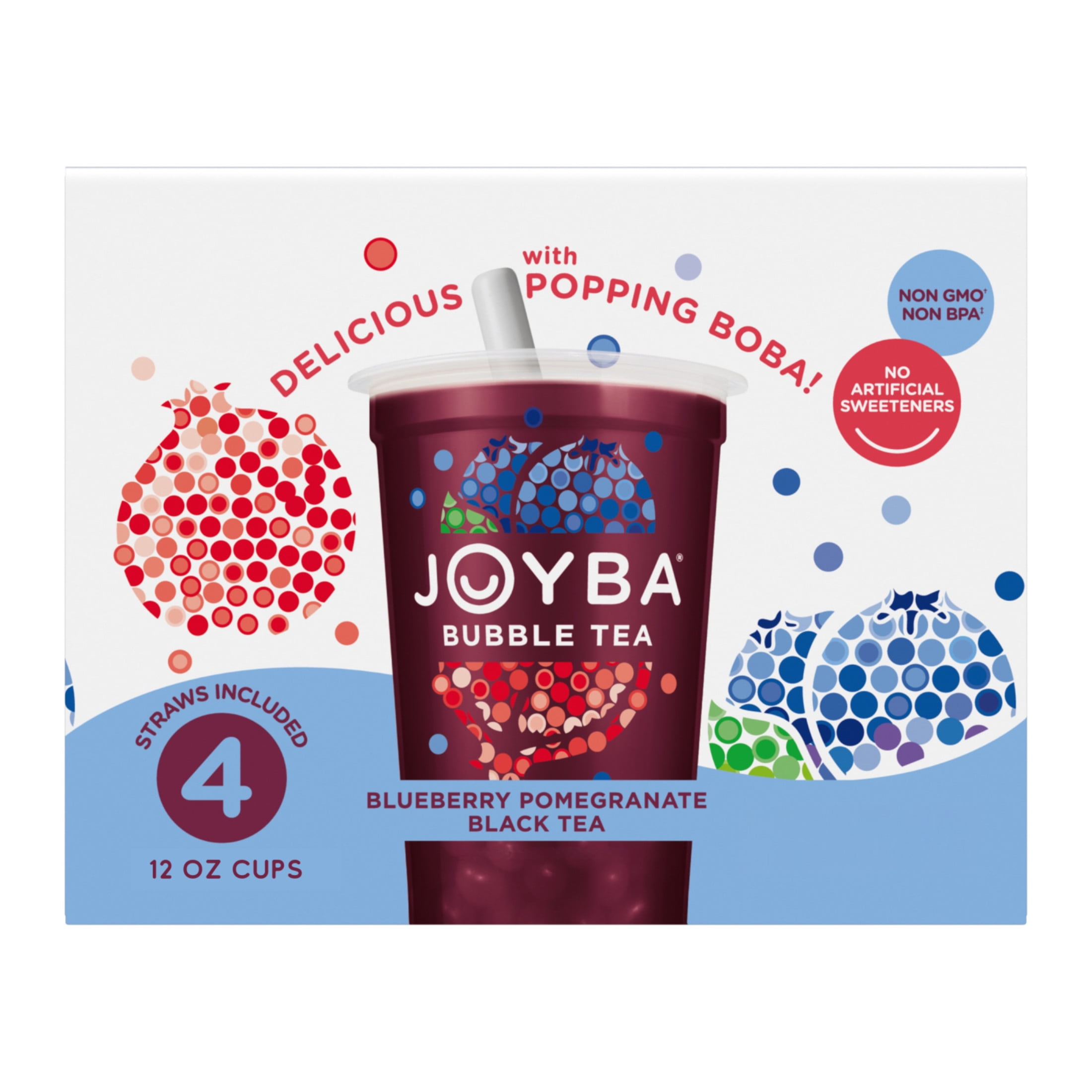 Joyba Blueberry Pomegranate Black Tea Bubble Tea, 12 fl oz Cup (Pack of 4)