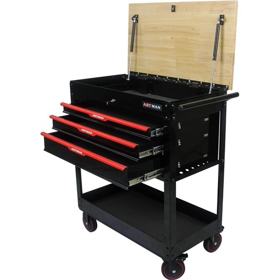 JOYBASE Rolling Tool Chest with Wood Top, Heavy Duty 3-Drawer Steel Mechanic Tool Cart with Wheels, Mobile Workbench Storage Cabinet for Garage, Workshop, Warehouse (Black & Red)