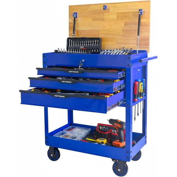 JOYBASE Rolling Tool Chest with Wood Top, Heavy Duty 3-Drawer Steel Mechanic Tool Cart with Wheels, Mobile Workbench Storage Cabinet for Garage, Workshop, Warehouse (Blue)