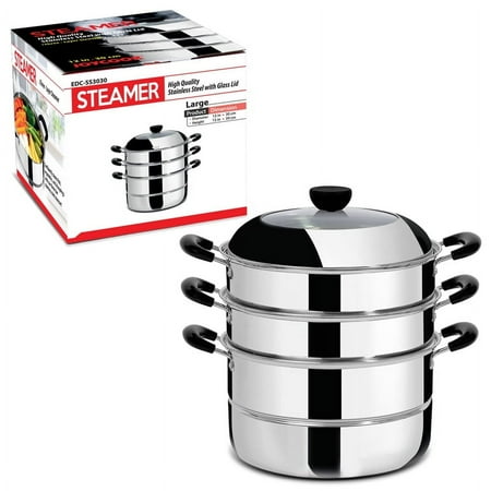 JOYCOOK Three-Layer Steamer Pot with Glass Lid 12 inch(30cm) Diameter, 15 inch(39cm) Height, Stainless Steel