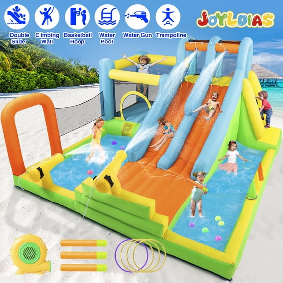 JOYDIAS Kids Inflatable Bouncer House Double Water Slide Giant Water Park Splash Pool Jump Climb w/550W Blower