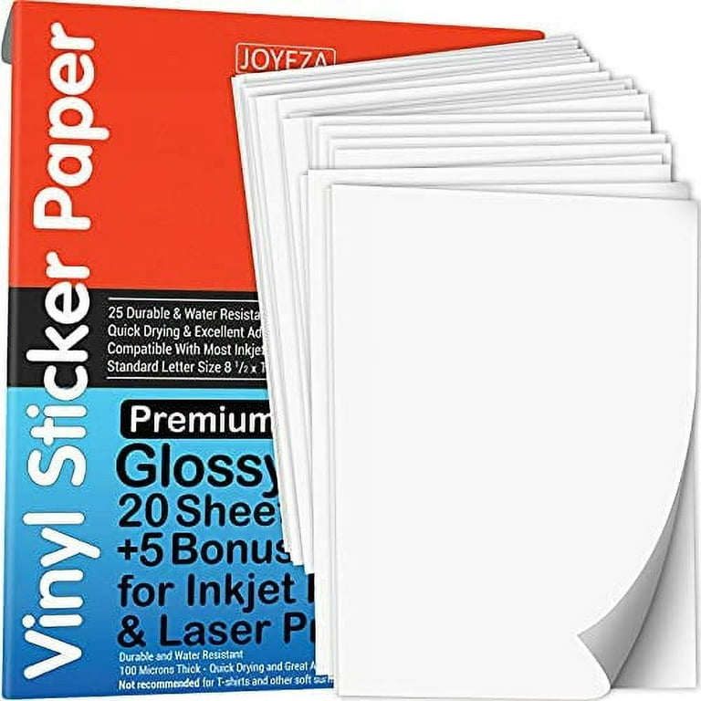 Premium Printable Vinyl Sticker Paper - for Inkjet and Laser Printer - 55  Pack Glossy White Waterproof Inkjet Printable Vinyl - Dries Quickly and